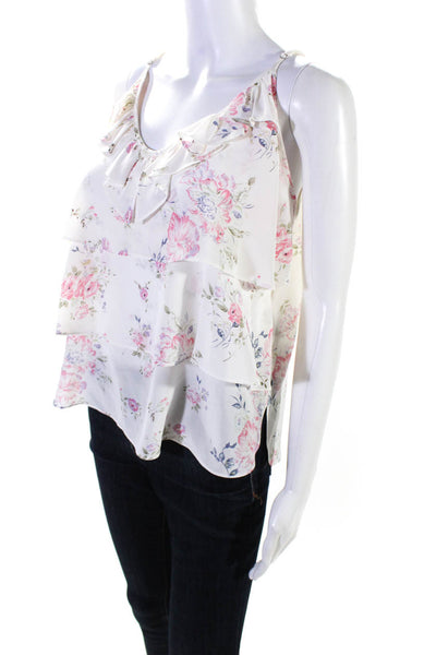 The Kooples Women's Floral Print Silk Blouse White Pink Size M