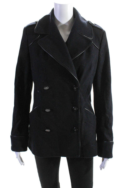 Reiss Women's Faux Leather Trim Wool Double Breasted Coat Blue Size S