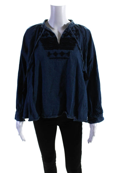 Ne Quittezpas Womens Cotton V-Neck Embroidered Long Sleeve Blouse Blue Size S