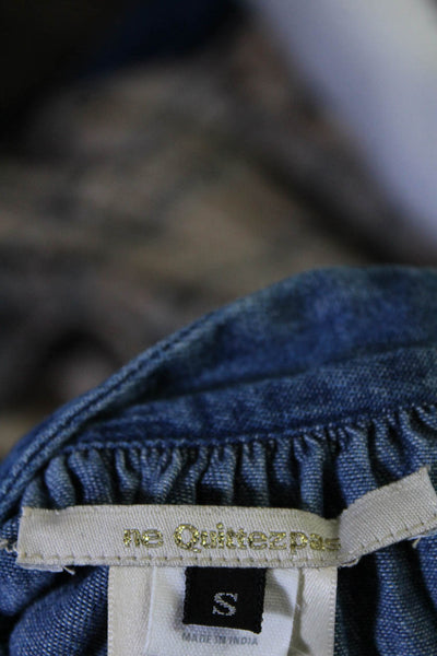 Ne Quittezpas Womens Cotton V-Neck Embroidered Long Sleeve Blouse Blue Size S