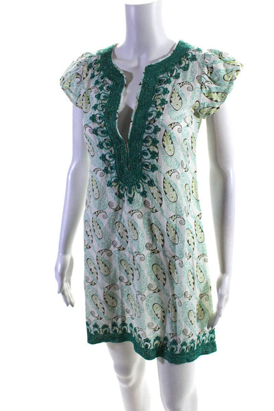 Calypso St Barth Womens Cotton Paisley Short Sleeve Tunic Dress Green Size XS