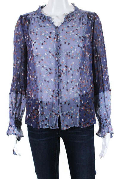 Paige Womens Silk Floral Print Button Down Blouse Blue Size Extra Small