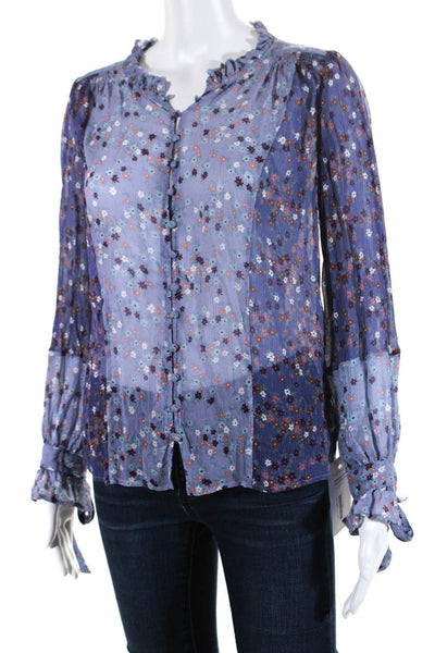 Paige Womens Silk Floral Print Button Down Blouse Blue Size Extra Small