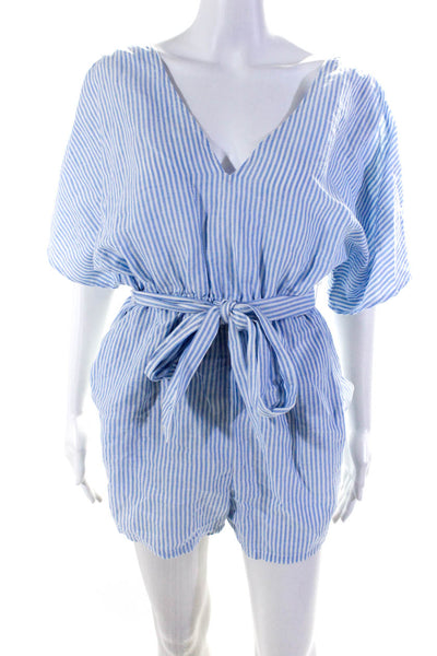 J Crew Womens Striped Short Sleeved V Neck Tied Waist Romper Blue White Size S