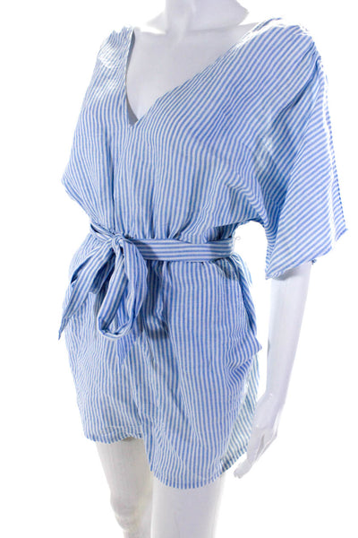 J Crew Womens Striped Short Sleeved V Neck Tied Waist Romper Blue White Size S