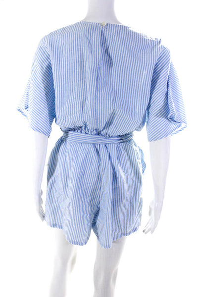 J Crew Womens Striped Short Sleeved V Neck Tied Waist Romper Blue White Size S