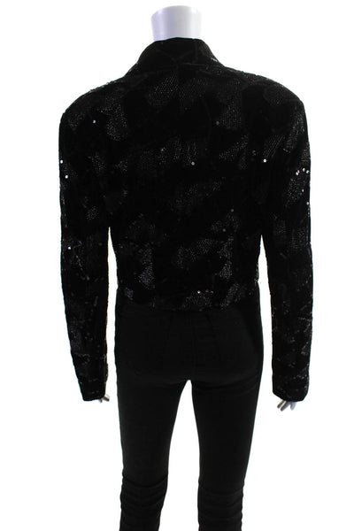 ROTATE Womens Embroidered Sequin Collar Long Sleeve Cropped Jacket Black Size 6