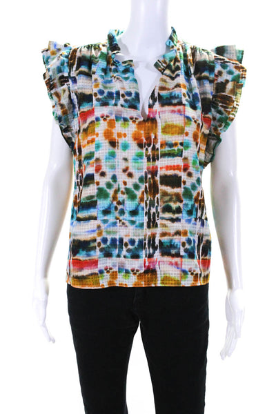 Marie Oliver Womens Linen Abstract Print Blouse Multi Colored Size Small