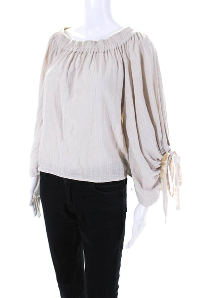 Misa Womens Off The Shoulder Tie Sleeves Blouse Beige Cotton Size Small