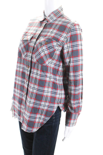 J Crew Womens Button Up Long Sleeve Collared Plaid Flannel Shirt Gray Red Size 2