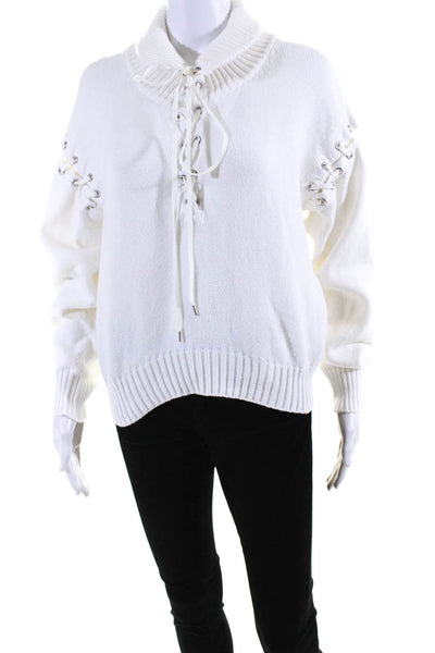Adeam Womens Lace Up Detail Turtleneck Sweater White Cotton Size Medium