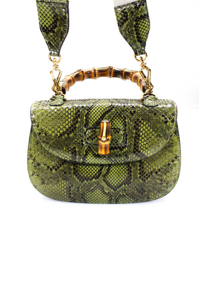 Gucci Womens Python Bamboo Top Handle Turn Lock Shoulder Bag Green
