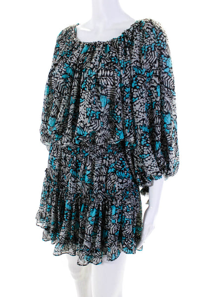 Misa Women's Printed Off Shoulder A Line Mini Dress Blue Gray Size M