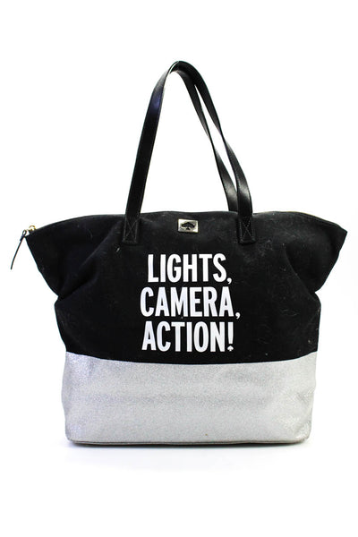 Kate Spade Womens Lights Camera Action Canvas Glitter Tote Handbag Black Silver