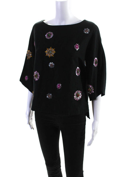 Suno Womens 3/4 Sleeve Beaded Embellished Boat Neck Top Blouse Black Size Small