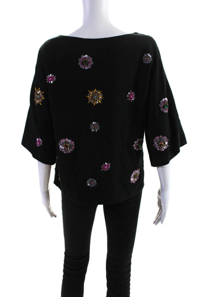 Suno Womens 3/4 Sleeve Beaded Embellished Boat Neck Top Blouse Black Size Small