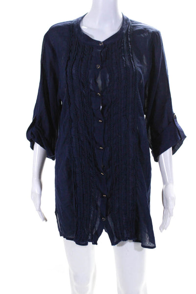 Shoshanna Women's Long Sleeve Ruffle Trim Button Down Shift Dress Blue Size M