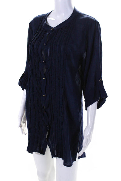 Shoshanna Women's Long Sleeve Ruffle Trim Button Down Shift Dress Blue Size M