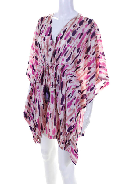 Alexis Women's Silk Tie-Dye Print V-neck Drawstring Kaftan Dress Pink Size M
