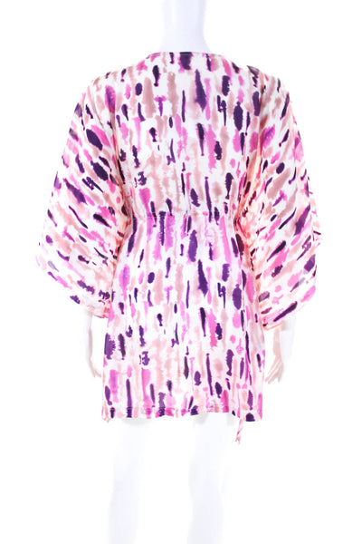 Alexis Women's Silk Tie-Dye Print V-neck Drawstring Kaftan Dress Pink Size M
