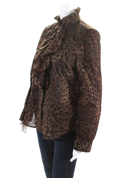 LRL Lauren Jeans CO. Women's Animal Print Button Up Ruffle Top Brown Size M