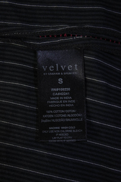 Velvet Women's Collar Long Sleeves Button Down Stripe Blouse Black Size S