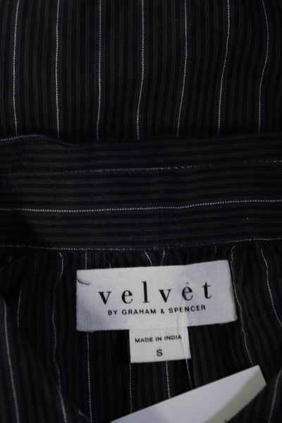 Velvet Women's Collar Long Sleeves Button Down Stripe Blouse Black Size S