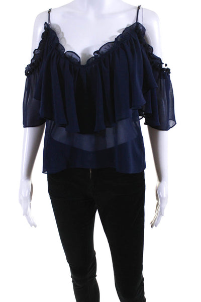 Misa Women's Cold Shoulder Ruffle Tiered Blouse Navy Blue Size XS