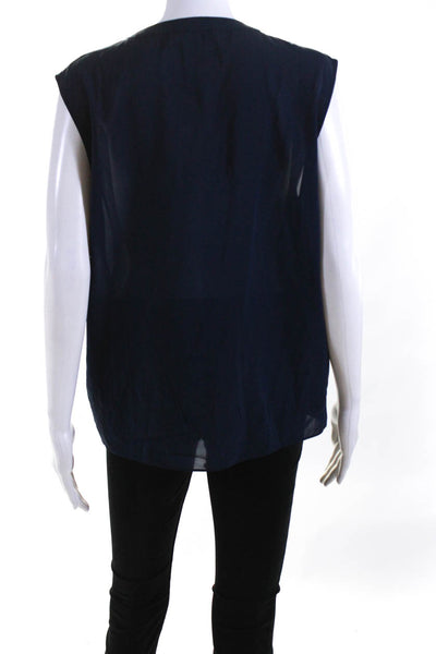Alice + Olivia Women's V-Neck Sleeveless Button Up Blouse Navy Blue Size M
