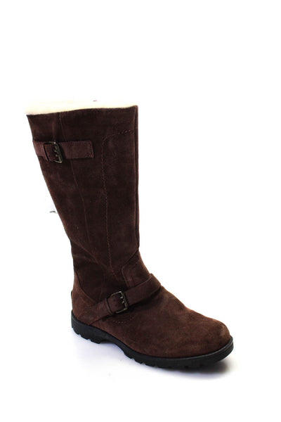 Ugg Womens Suede Shearling Lined Low Heeled Mid Calf Buckled Boots Brown Size 7