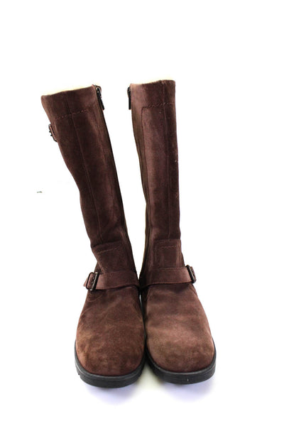 Ugg Womens Suede Shearling Lined Low Heeled Mid Calf Buckled Boots Brown Size 7