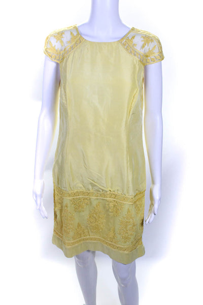 Rahul Mishra Womens Floral Lace Mesh Round Neck Cap Sleeve Dress Yellow Size L
