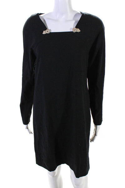 Adele Simpson Women's Wool Square Neck Embellished Shift Midi Dress Black Size 8