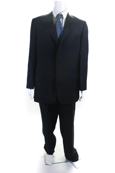 Ermenegildo Zegna Mens Pinstriped Pleated Front Suit Blue Size EUR 56 Long/36