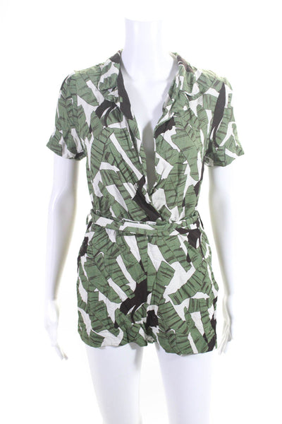 Adriana Degreas Womens Leaf Print V Neck Tied Waist Romper Green White Size P/S