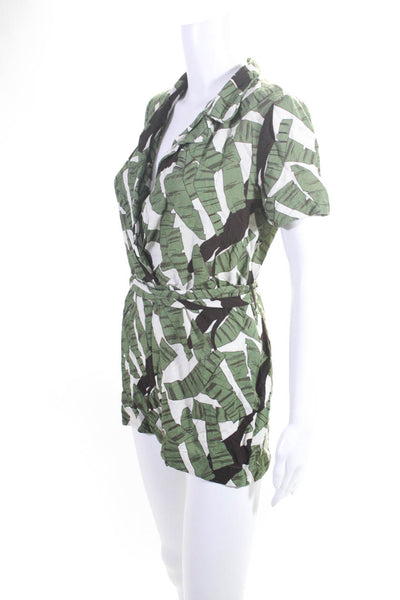 Adriana Degreas Womens Leaf Print V Neck Tied Waist Romper Green White Size P/S