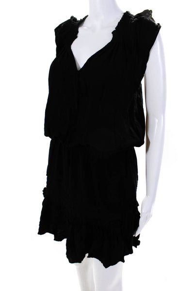 Ba&Sh Womens Smocked V-Neck Cap Sleeve Ruffled Hem Blouson Dress Black Size 6