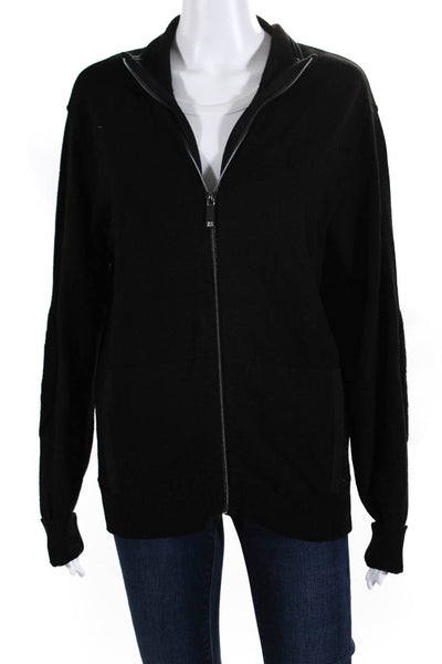 Zegna Sport Womens Wool Knit High Neck Long Sleeve Full Zip Sweater Black Size L
