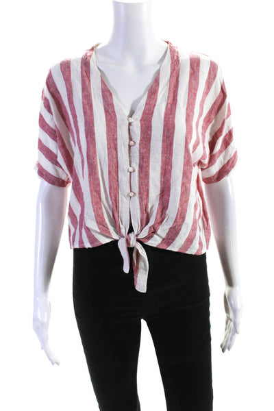 Rails Womens Cotton Striped V-Neck Button Front Crop Top Blouse Red Size XS