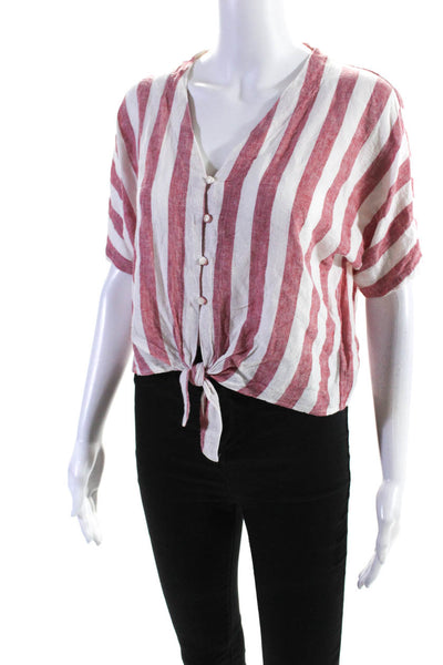 Rails Womens Cotton Striped V-Neck Button Front Crop Top Blouse Red Size XS