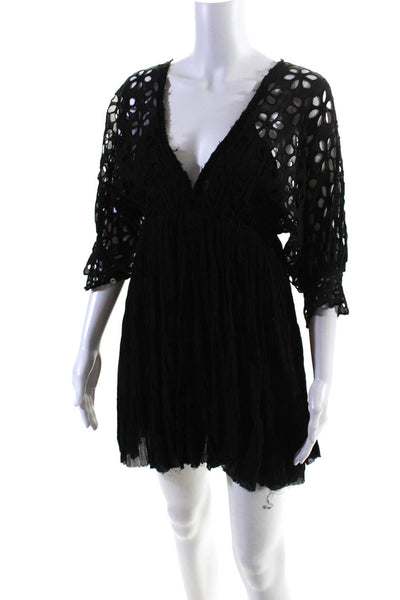 FP One by Free People Womens Cotton Lace V-Neck Empire Waist Dress Black Size XS