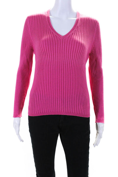Leggiadro Women's Cotton Ribbed V Neck Pullover Sweater Pink Size S