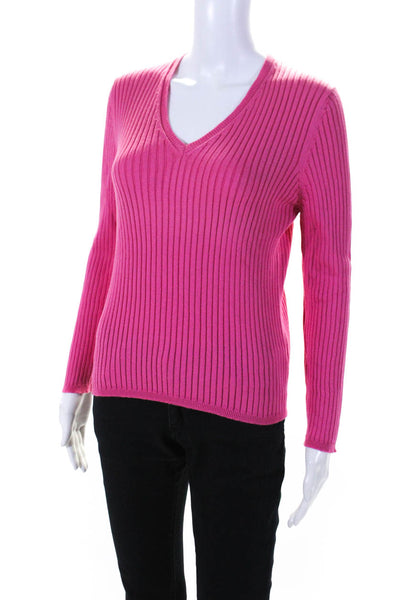 Leggiadro Women's Cotton Ribbed V Neck Pullover Sweater Pink Size S