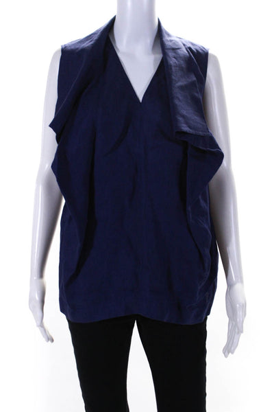 Max Mara Women's Sleeveless V Neck Linen Collar Blouse Navy Size 2