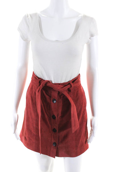 Joie Womens Leather Buttoned Belted A-Line Darted Skirt Red Size 0