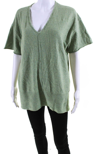 Donna Karan New York Womens V Neck Short Sleeves Sweater Green Cotton Size Large