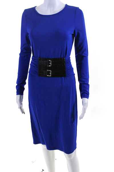 Michael Kors Collection Womens Long Sleeve Ruched Belt Sheath Dress Blue Size 2