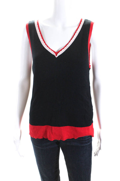 Chinti & Parker Women's Cotton Silk Blend V Neck Sweater Vest Navy Red Size M