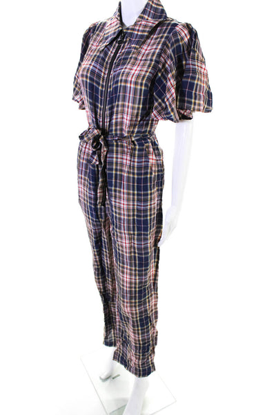 Sea New York Womens Plaid Collared Short Sleeve Zip Up Jumpsuit Navy Size 0