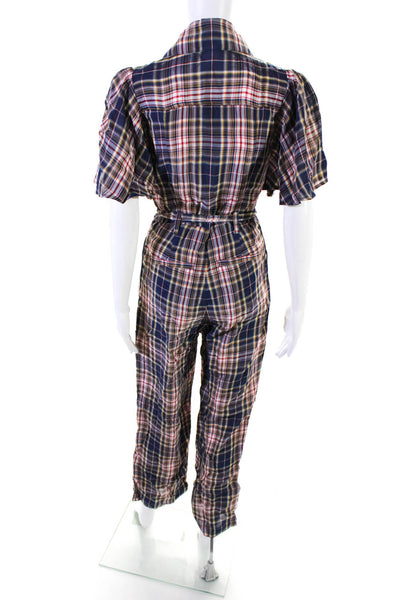 Sea New York Womens Plaid Collared Short Sleeve Zip Up Jumpsuit Navy Size 0